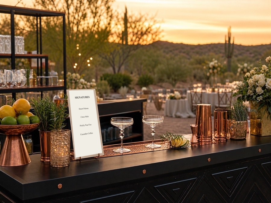 Wedding bar service with signature cocktail menu